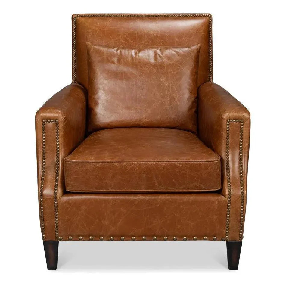 Dimity Distilled Leather & Wood Brown Arm Chair - LOOMLAN - Sarreid - Club Chairs