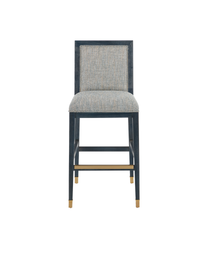 Santos Mahogany and Rattan Vintage Navy Blue Bar Stool