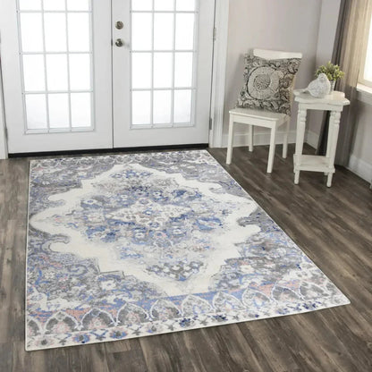 Damp Medallion Blue Kitchen Hallway Runner Rug -- blue