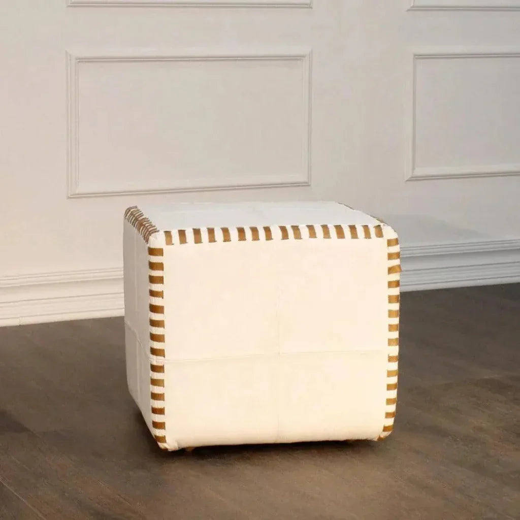 Ottoman Pouf Cube Stitched, White Leather -- view 2