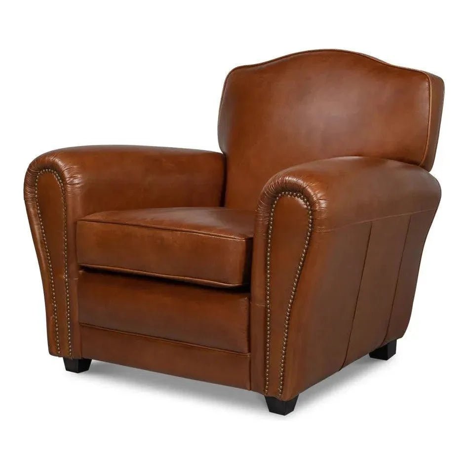 Elite French Brown Leather Club Chair - LOOMLAN - Sarreid - Club Chairs