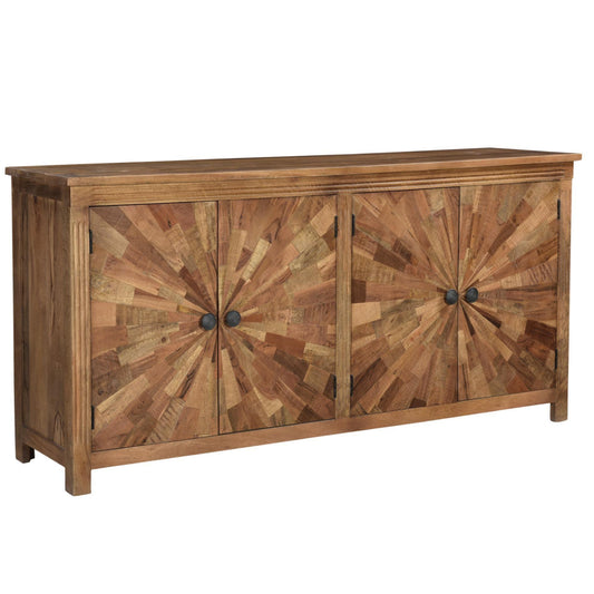 Elliott 78 inches Brown Starburst Pattern Sideboard - Sideboards and Things Brand_LOOMLAN Home, Color_Brown, Features_Handmade/Handcarved, Features_Repurposed Materials, Finish_Distressed, Hinges, Materials_Reclaimed Wood, Materials_Wood, Shelf Material_Wood, Width_70-80, Wood Species_Acacia