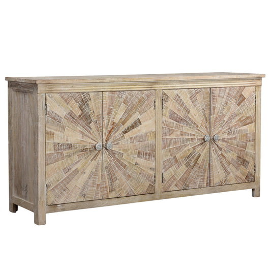 Elliott 78 inches White Starburst Pattern Sideboard - Sideboards and Things Brand_LOOMLAN Home, Color_White, Features_Handmade/Handcarved, Features_Repurposed Materials, Finish_Distressed, Finish_Whitewashed, Hinges, Materials_Reclaimed Wood, Materials_Wood, Shelf Material_Wood, Width_70-80, Wood Species_Acacia