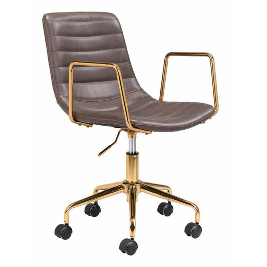 Eric Office Chair Brown - Sideboards and Things Accents_Gold, Brand_Zuo Modern, Color_Brown, Color_Gold, Depth_20-30, Features_Adjustable Height, Height_20-30, Materials_Metal, Materials_Upholstery, Metal Type_Steel, Upholstery Type_Leather, Upholstery Type_Vegan Leather, Width_20-30