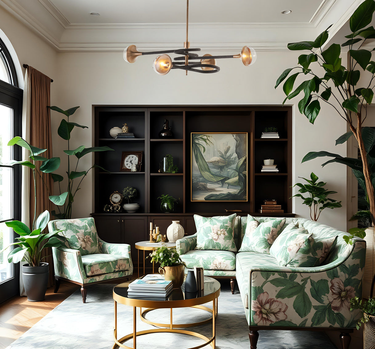 Newton Central Brass Stem Black Chandelier