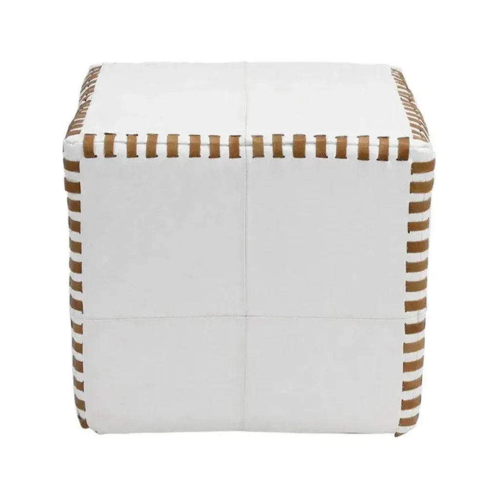 Ottoman Pouf Cube Stitched, White Leather -- view 4