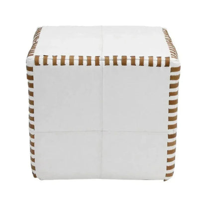 Ottoman Pouf Cube Stitched, White Leather -- view 4