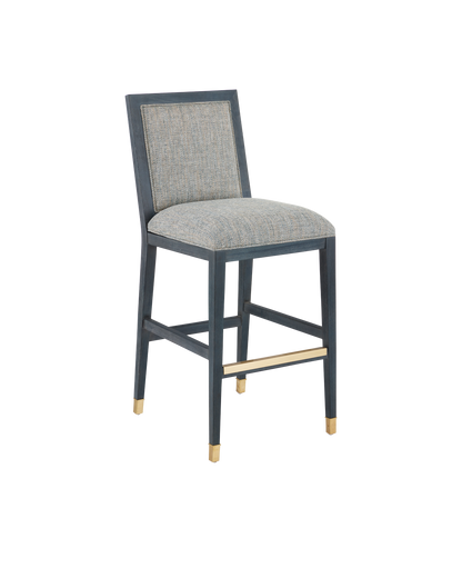 Santos Mahogany and Rattan Vintage Navy Blue Bar Stool