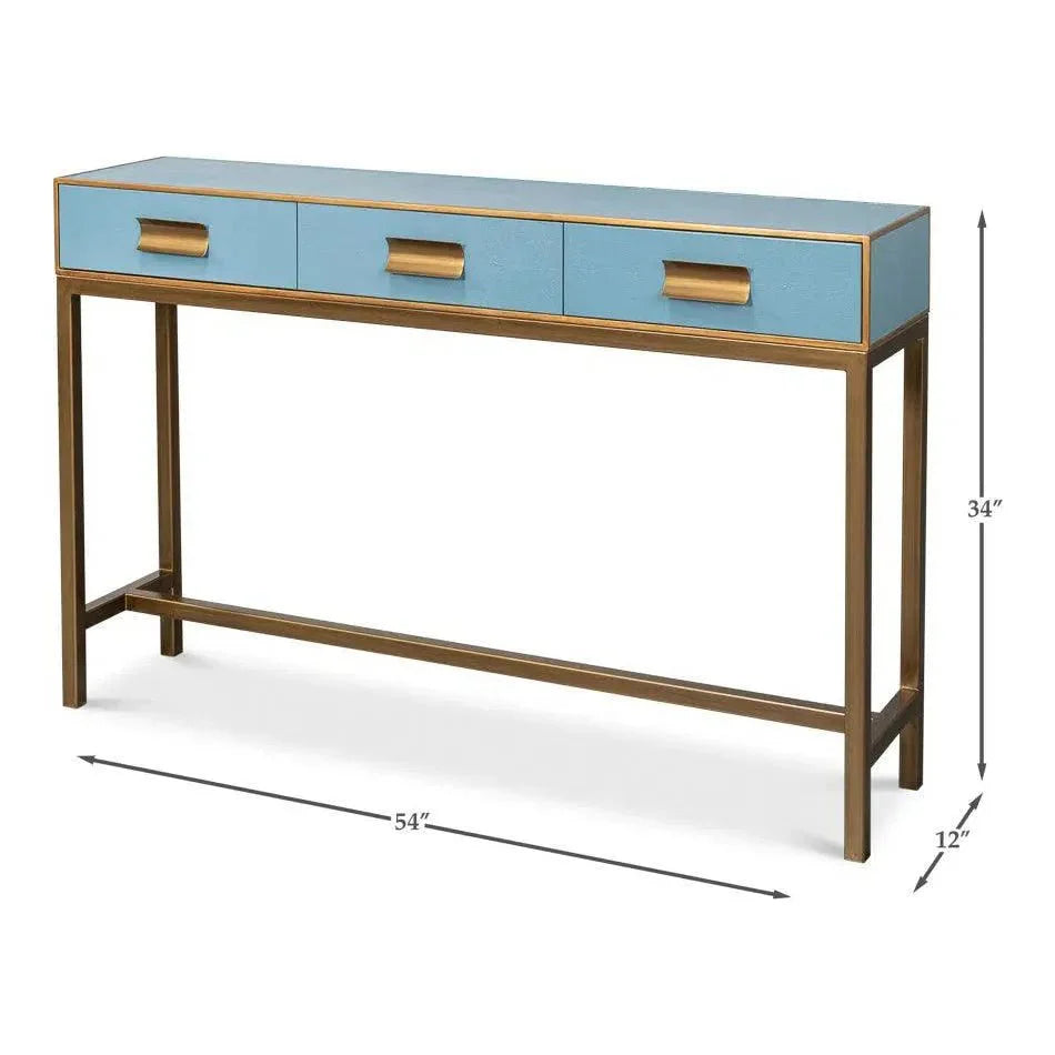 Sarreid Gideon Wood & Shagreen Leather Blue Sofa Table