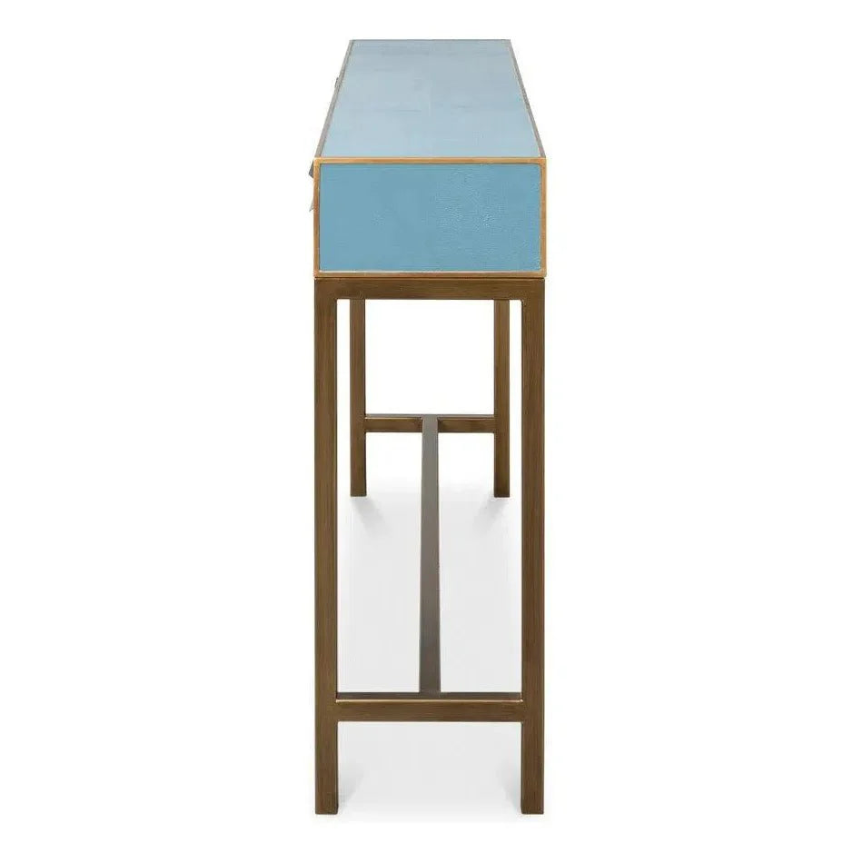 Sarreid Gideon Wood & Shagreen Leather Blue Sofa Table