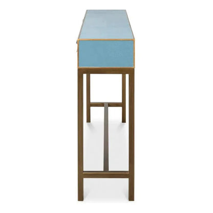Sarreid Gideon Wood & Shagreen Leather Blue Sofa Table