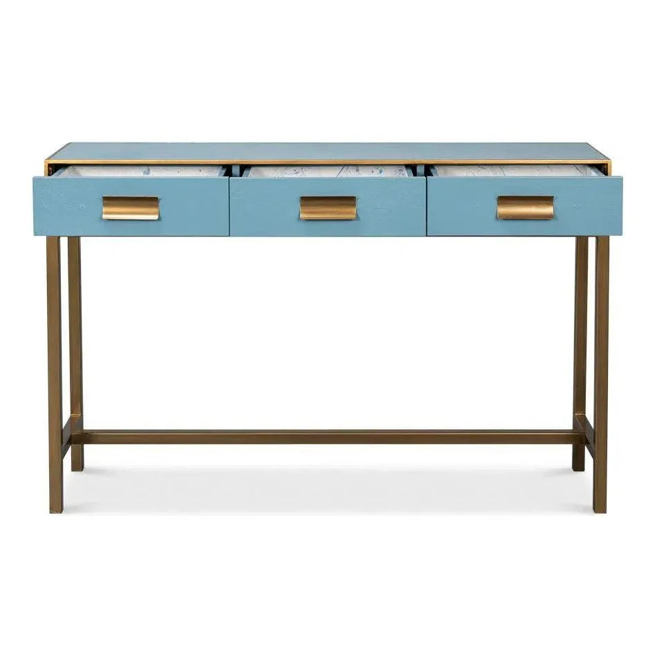 Sarreid Gideon Wood & Shagreen Leather Blue Sofa Table