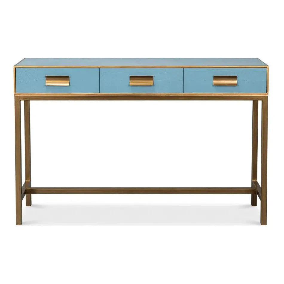 Sarreid Gideon Wood & Shagreen Leather Blue Sofa Table