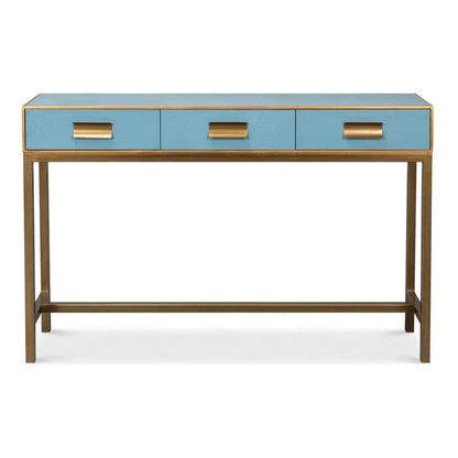 Sarreid Gideon Wood & Shagreen Leather Blue Sofa Table