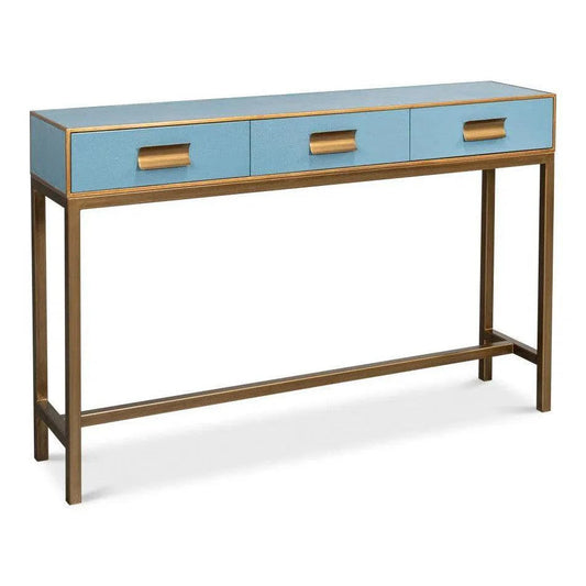 Sarreid Gideon Wood & Shagreen Leather Blue Sofa Table