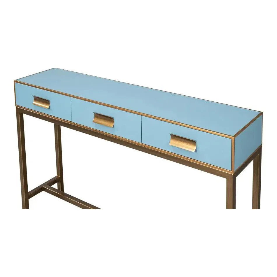 Sarreid Gideon Wood & Shagreen Leather Blue Sofa Table