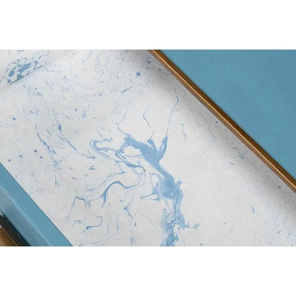 Gideon Wood & Shagreen Leather Blue Square Coffee Table - LOOMLAN - Sarreid - Coffee Tables