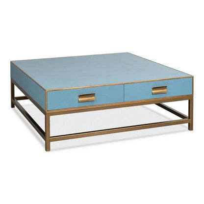 Gideon Wood & Shagreen Leather Blue Square Coffee Table - LOOMLAN - Sarreid - Coffee Tables