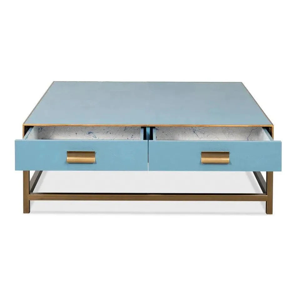 Gideon Wood & Shagreen Leather Blue Square Coffee Table - LOOMLAN - Sarreid - Coffee Tables