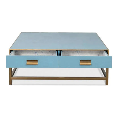 Gideon Wood & Shagreen Leather Blue Square Coffee Table - LOOMLAN - Sarreid - Coffee Tables