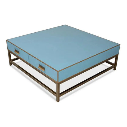 Gideon Wood & Shagreen Leather Blue Square Coffee Table - LOOMLAN - Sarreid - Coffee Tables