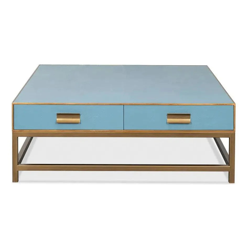 Gideon Wood & Shagreen Leather Blue Square Coffee Table - LOOMLAN - Sarreid - Coffee Tables
