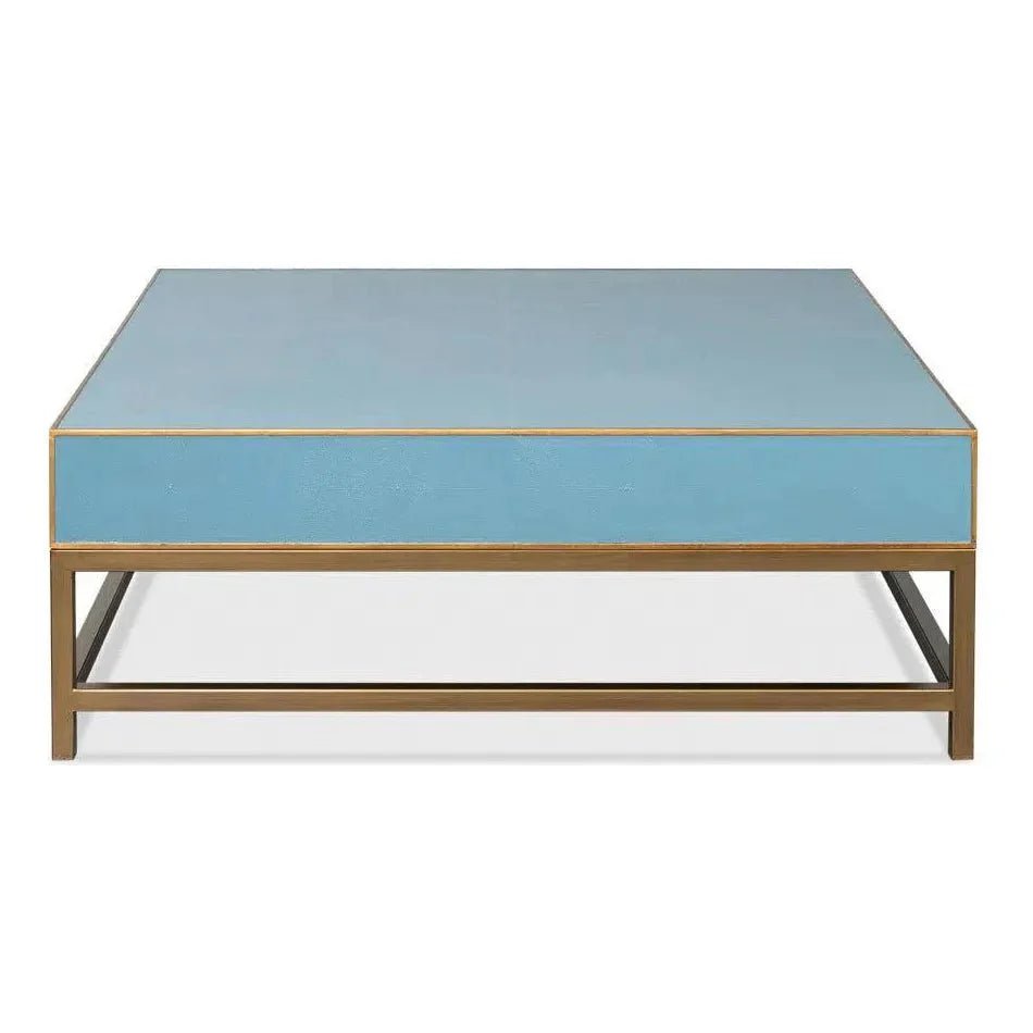 Gideon Wood & Shagreen Leather Blue Square Coffee Table - LOOMLAN - Sarreid - Coffee Tables