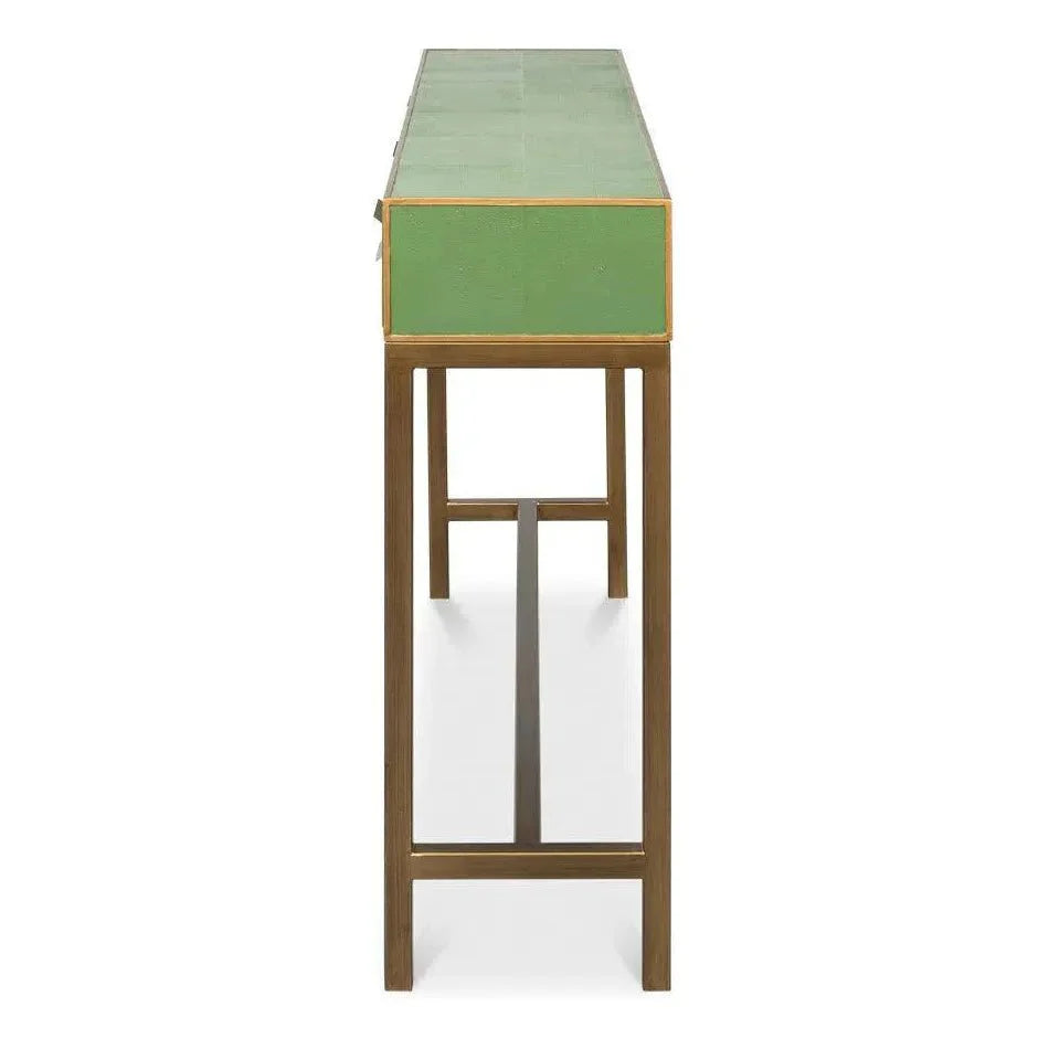 Sarreid Gideon Wood & Shagreen Leather Green Sofa Table