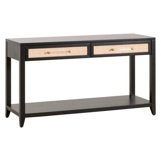 Holland 2-Drawer Console Table Black Wood & Rattan - Sideboards and Things Accents_Black, Accents_Brass, Accents_Bronze, Accents_Gold, Accents_Natural, Accents_Two Tone, Brand_Essentials For Living, Color_Black, Features_With Drawers, Features_With Shelves, Features_With Storage, Materials_Cane, Product Type_Console Table, Sustainable, Table Base_Wood, Table Top_Wood, Width_50-60, Wood Species_Acacia, Wood Species_Cane, Wood Species_Rubberwood