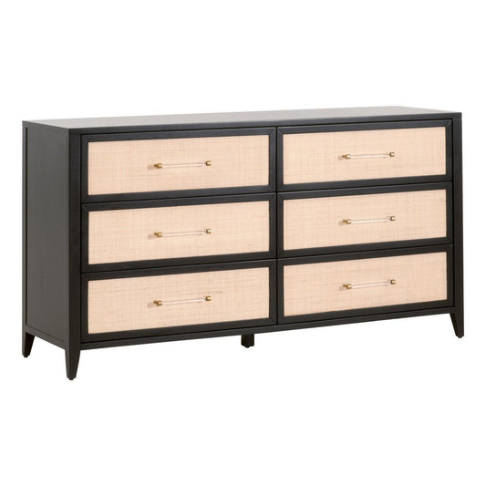 Holland 6-Drawer Double Dresser Black Wood & Rattan - Sideboards and Things Accents_Black, Accents_Brass, Accents_Bronze, Accents_Gold, Accents_Natural, Accents_Two Tone, Brand_Essentials For Living, Color_Black, Materials_Cane, Product Type_Dresser, Sustainable, Width_60-70, Wood Species_Acacia, Wood Species_Cane, Wood Species_Rubberwood