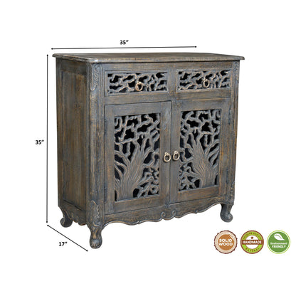 Lawrence 35 inches Black Carved Storage Cabinet - Sideboards and Things Brand_LOOMLAN Home, Color_Black, Color_Brown, Features_Carved Doors, Features_Handmade, Features_Handmade/Handcarved, Features_Repurposed Materials, Features_With Drawers, Finish_Distressed, Height_30-40, Hinges, Materials_Reclaimed Wood, Width_30-40