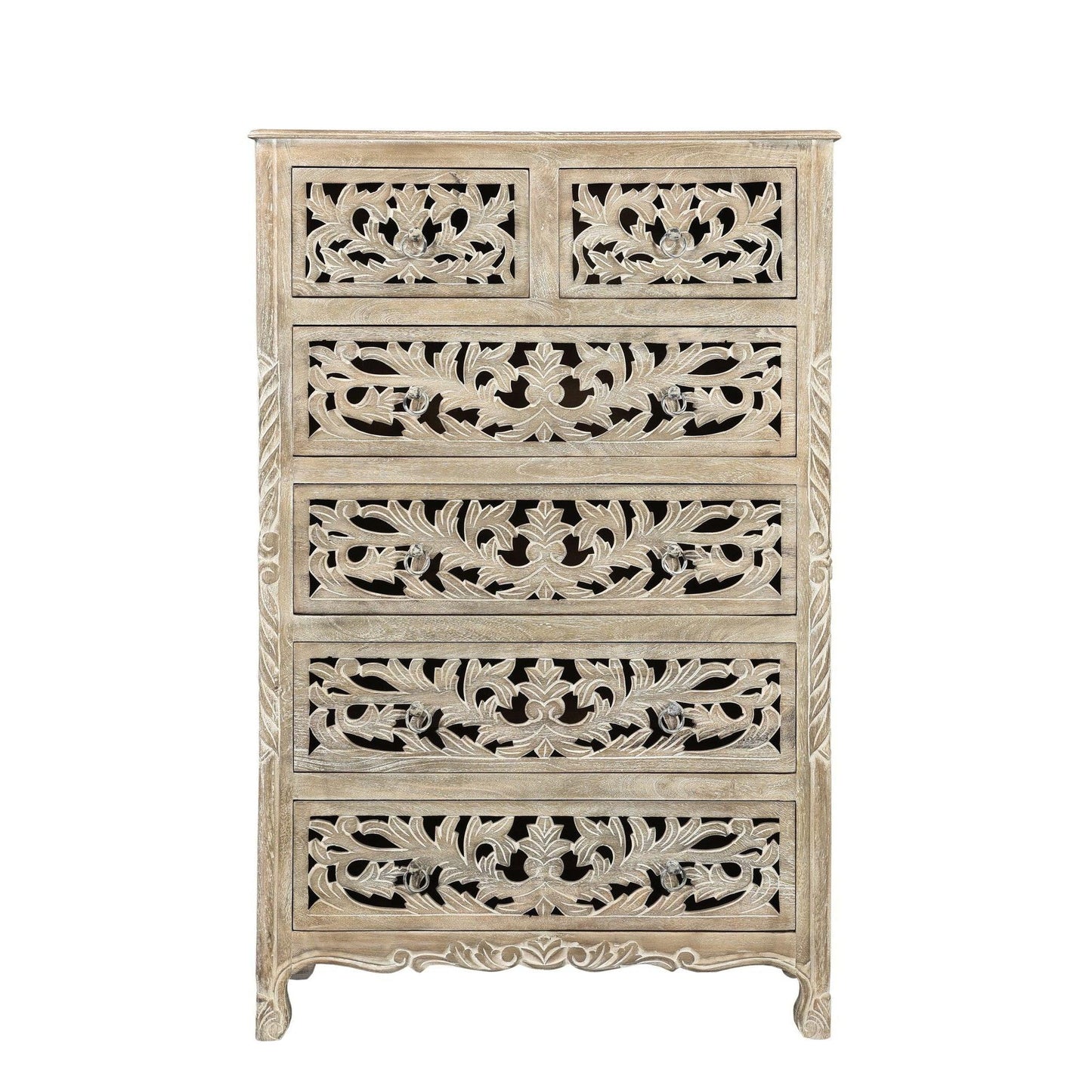 Lawrence 54 inches Tall Gray Floral Carved Chest - Sideboards and Things Brand_LOOMLAN Home, Color_Beige, Color_Gray, Features_Handmade, Features_Handmade/Handcarved, Features_Repurposed Materials, Finish_Distressed, Height_50-60, Hinges, Materials_Reclaimed Wood, Materials_Wood, Product Type_Chest of Drawers, Shelf Material_Wood, Width_30-40