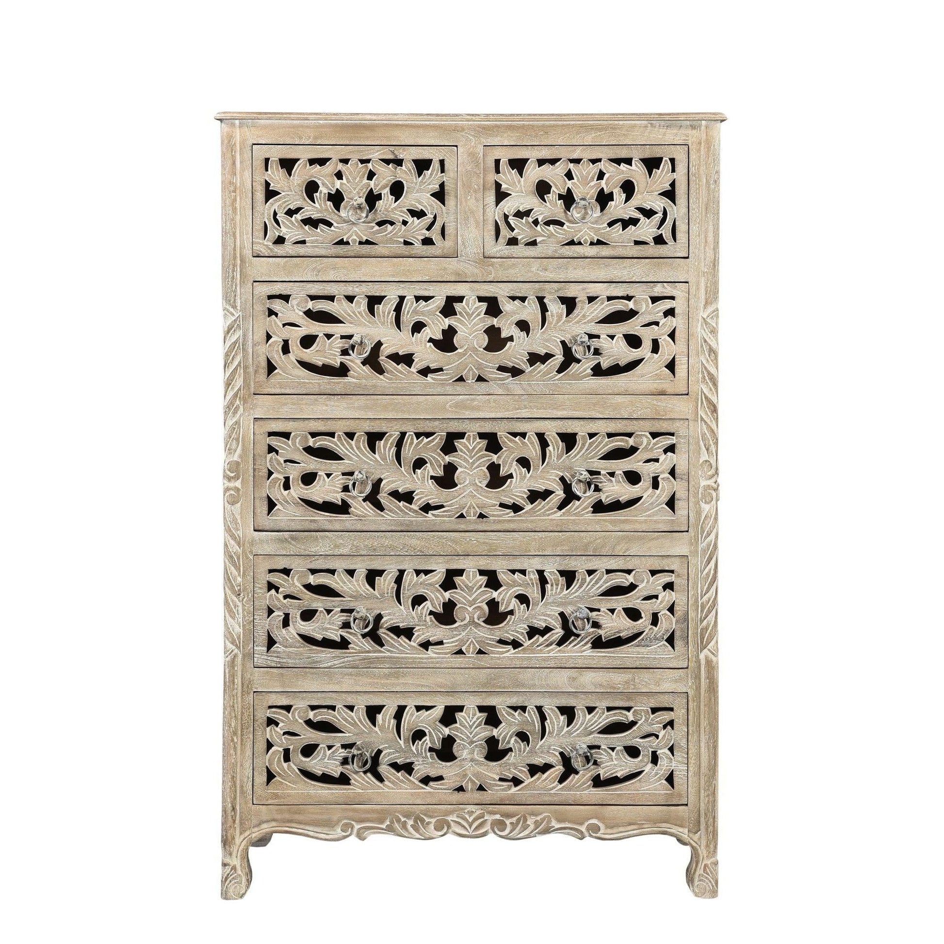 Lawrence 54 inches Tall Gray Floral Carved Chest - Sideboards and Things Brand_LOOMLAN Home, Color_Beige, Color_Gray, Features_Handmade, Features_Handmade/Handcarved, Features_Repurposed Materials, Finish_Distressed, Height_50-60, Hinges, Materials_Reclaimed Wood, Materials_Wood, Product Type_Chest of Drawers, Shelf Material_Wood, Width_30-40