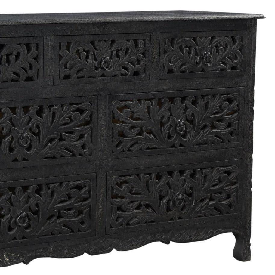 Lawrence 57 inches Floral Carved Dresser in Distressed Black - Sideboards and Things Brand_LOOMLAN Home, Color_Black, Features_Handmade, Features_Handmade/Handcarved, Features_Repurposed Materials, Finish_Distressed, Height_30-40, Hinges, Materials_Reclaimed Wood, Materials_Wood, Product Type_Dresser, Shelf Material_Wood, Width_50-60