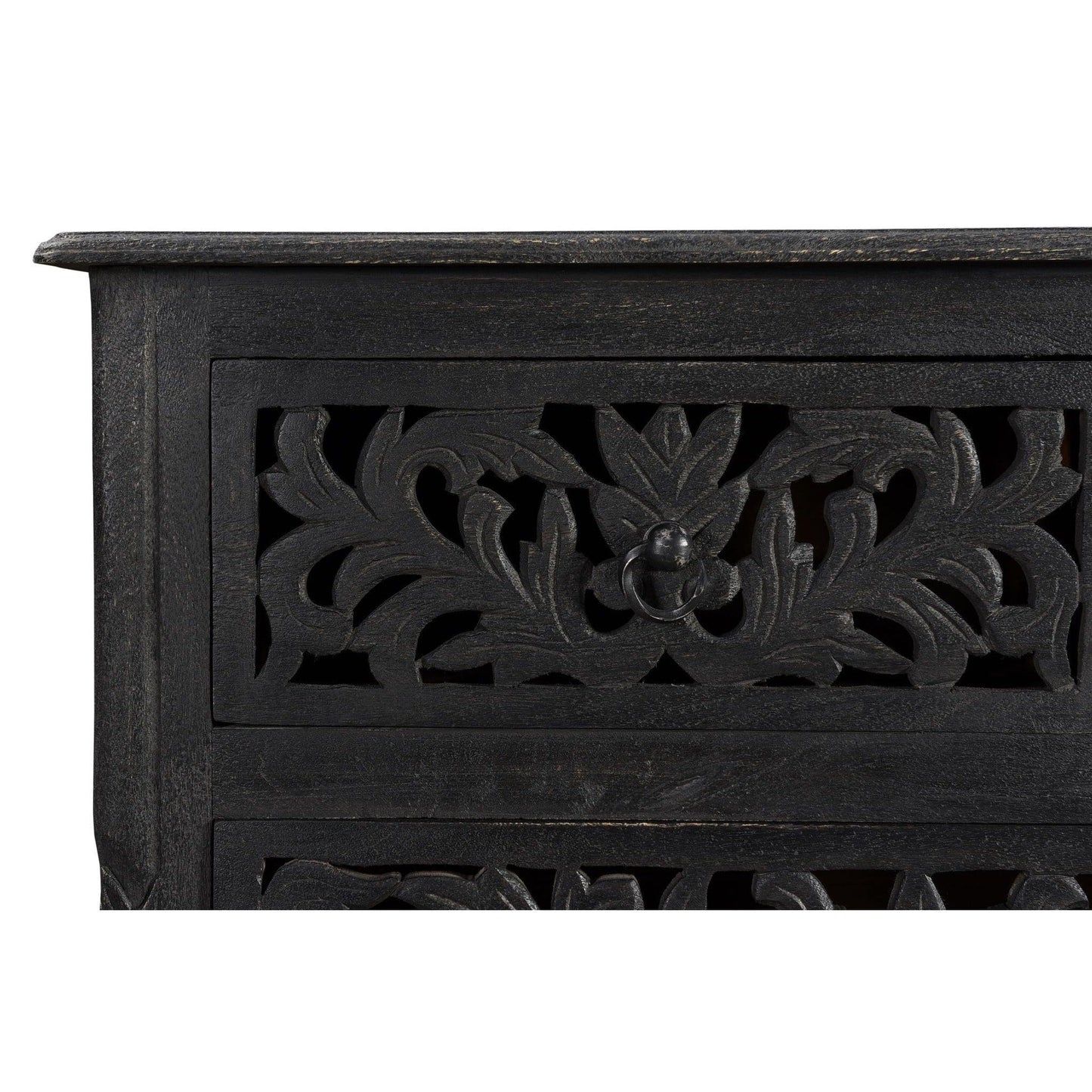 Lawrence 57 inches Floral Carved Dresser in Distressed Black - Sideboards and Things Brand_LOOMLAN Home, Color_Black, Features_Handmade, Features_Handmade/Handcarved, Features_Repurposed Materials, Finish_Distressed, Height_30-40, Hinges, Materials_Reclaimed Wood, Materials_Wood, Product Type_Dresser, Shelf Material_Wood, Width_50-60