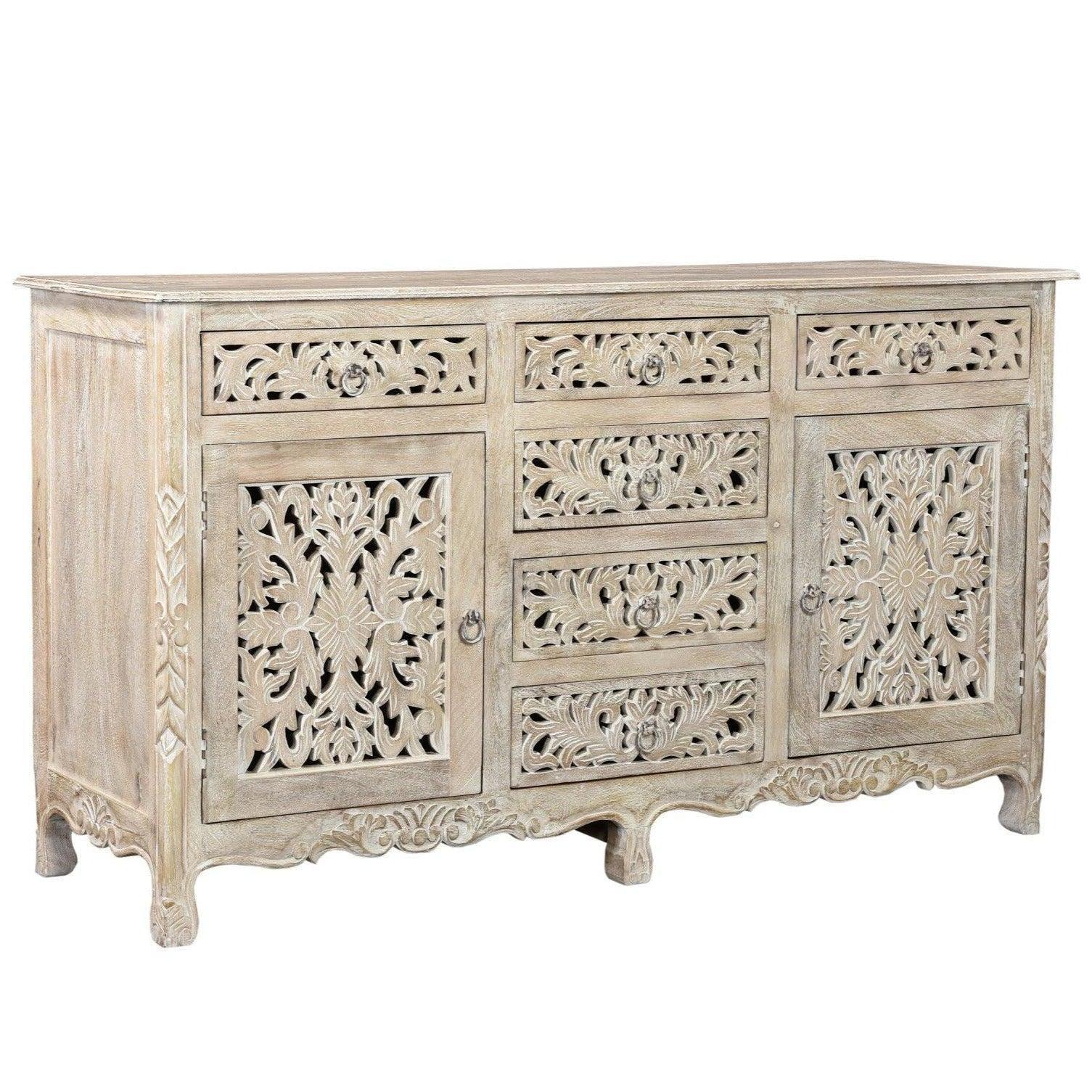 Lawrence 66 inches Floral Carved Sideboard in Distressed White - Sideboards and Things Brand_LOOMLAN Home, Color_White, Features_Handmade, Features_Handmade/Handcarved, Features_Repurposed Materials, Features_With Drawers, Finish_Distressed, Finish_Whitewashed, Hinges, Materials_Reclaimed Wood, Materials_Wood, Shelf Material_Wood, Table Top_Wood, Width_60-70, Wood Species_Mango
