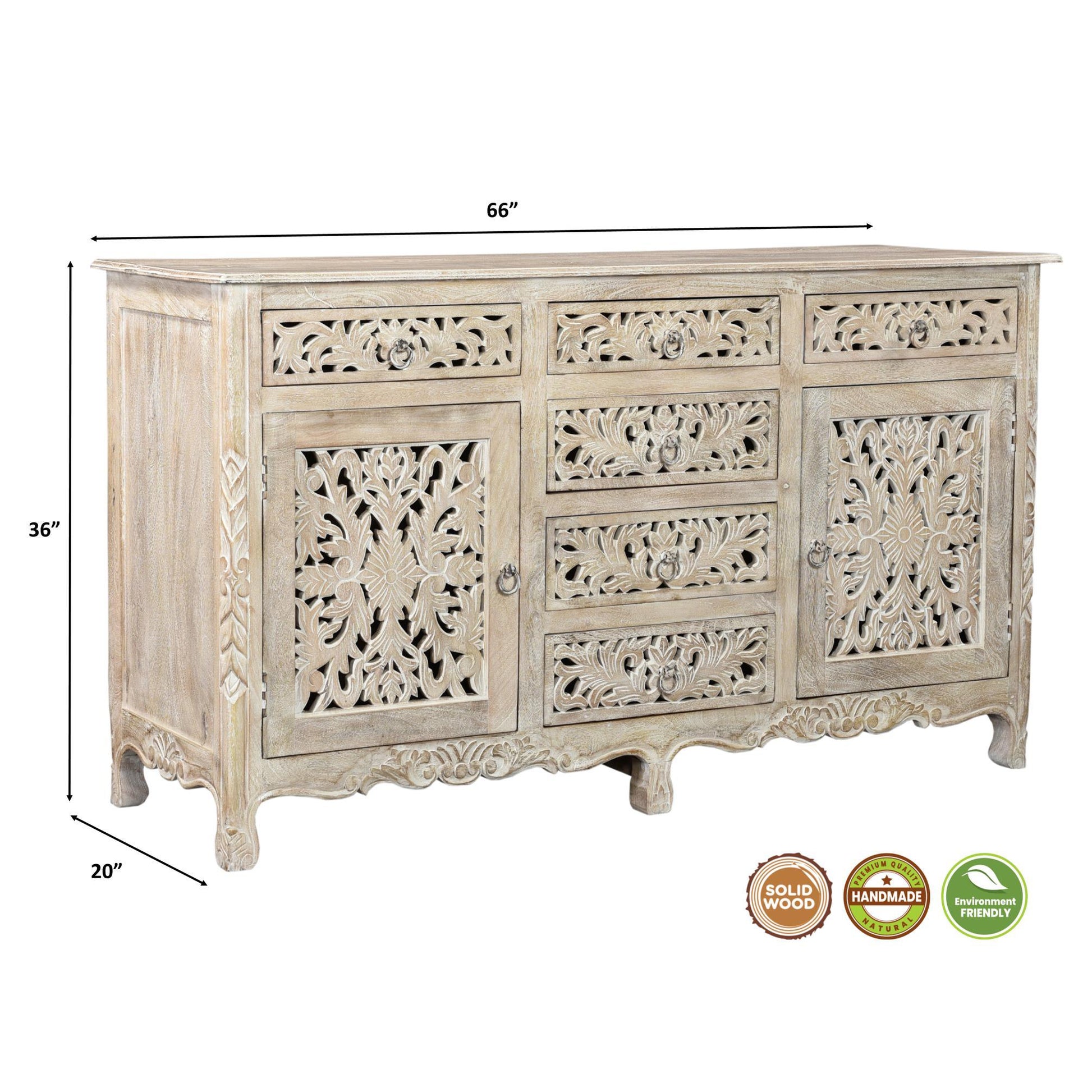 Lawrence 66 inches Floral Carved Sideboard in Distressed White - Sideboards and Things Brand_LOOMLAN Home, Color_White, Features_Handmade, Features_Handmade/Handcarved, Features_Repurposed Materials, Features_With Drawers, Finish_Distressed, Finish_Whitewashed, Hinges, Materials_Reclaimed Wood, Materials_Wood, Shelf Material_Wood, Table Top_Wood, Width_60-70, Wood Species_Mango