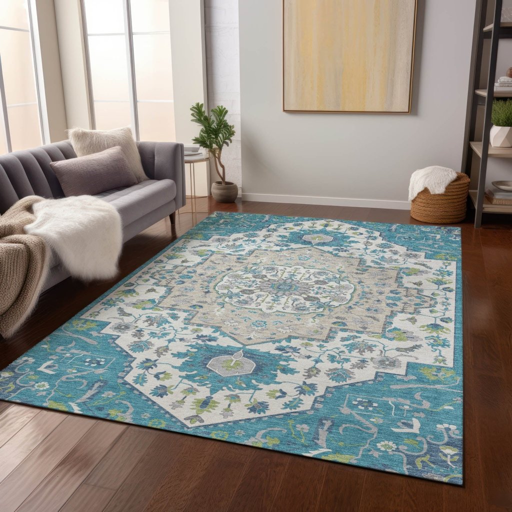 LOOMLAN Rugs Lidia Teal Washable Indoor-Outdoor Rug