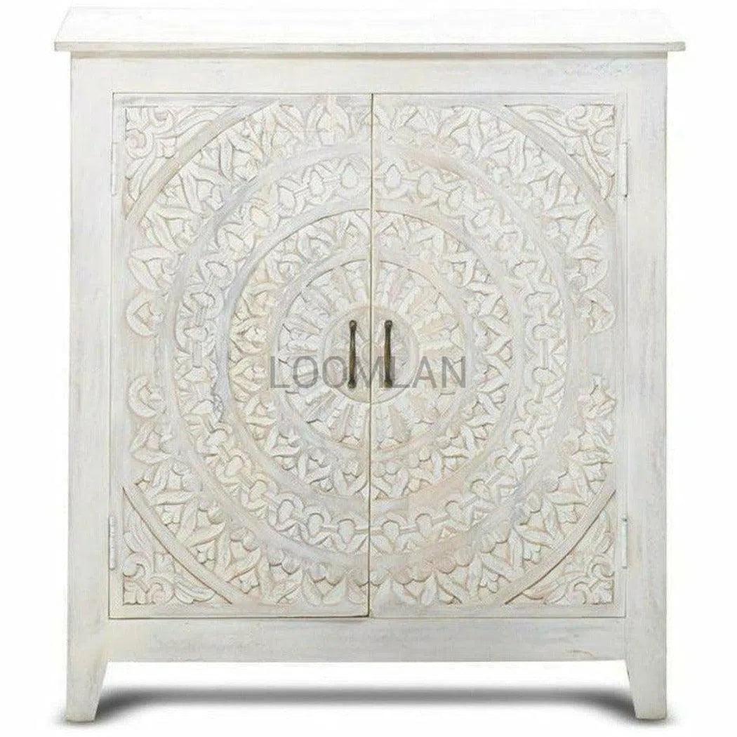 38" White Washed Hand Carved Lace Mandala Design Accent Cabinet Accent Cabinets LOOMLAN By LOOMLAN