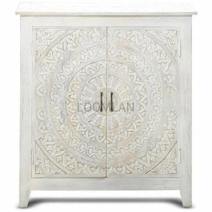 38" White Washed Hand Carved Lace Mandala Design Accent Cabinet Accent Cabinets LOOMLAN By LOOMLAN