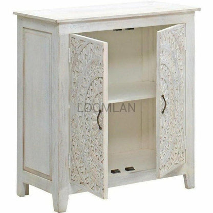 38" White Washed Hand Carved Lace Mandala Design Accent Cabinet Accent Cabinets LOOMLAN By LOOMLAN