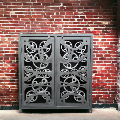 40" Vintage Industrial Gears Black Metal Accent Cabinet Accent Cabinets LOOMLAN By LOOMLAN