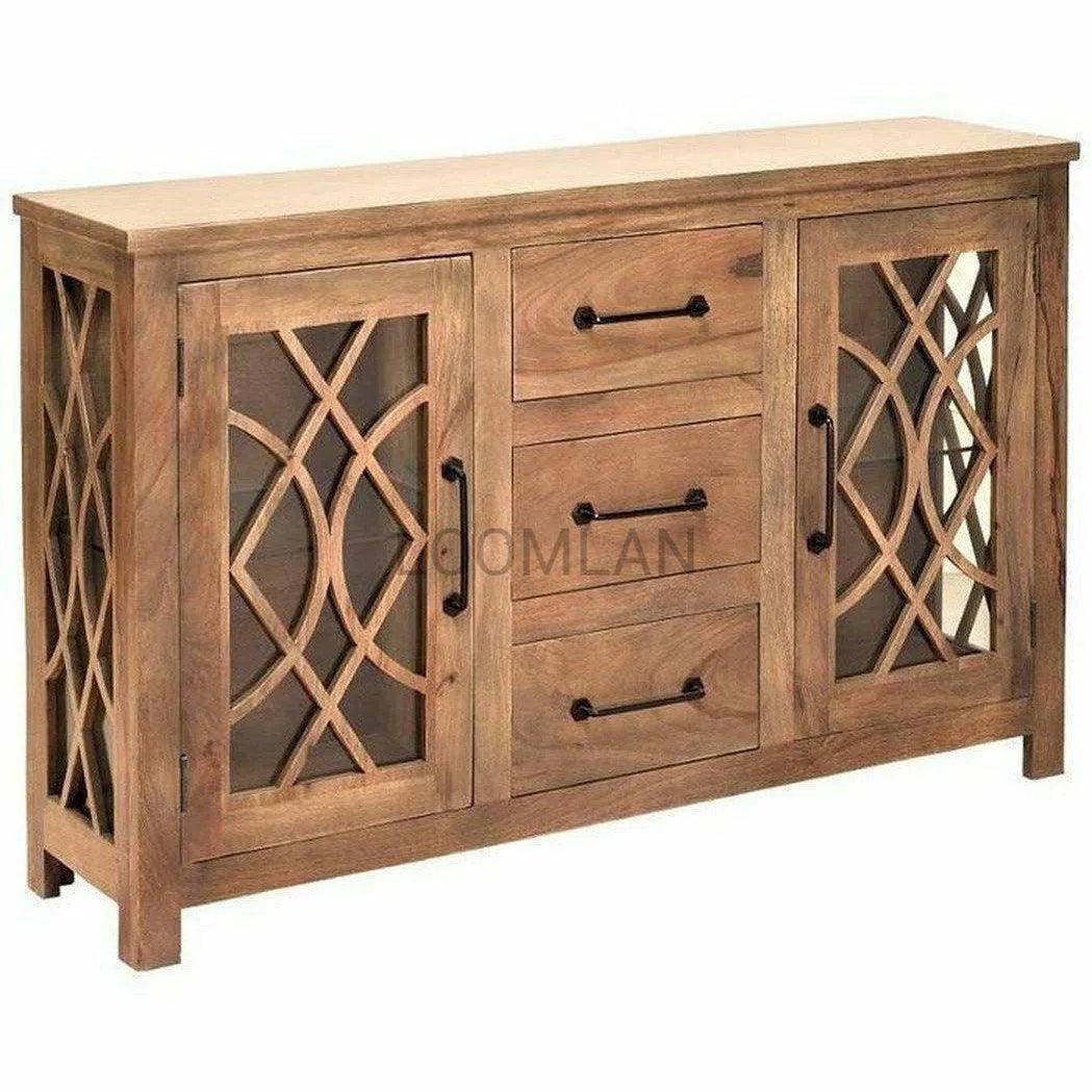 64" Slim Curio Buffet With Trellis Glass Doors and Drawers Sideboards LOOMLAN By LOOMLAN