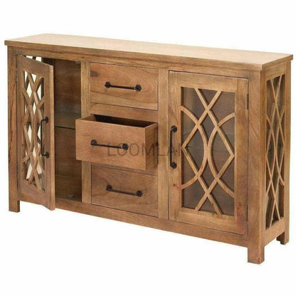 64" Slim Curio Buffet With Trellis Glass Doors and Drawers Sideboards LOOMLAN By LOOMLAN