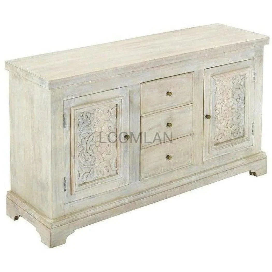 64" White Hand Carved Sideboard With Centered Drawers Sideboards LOOMLAN By LOOMLAN