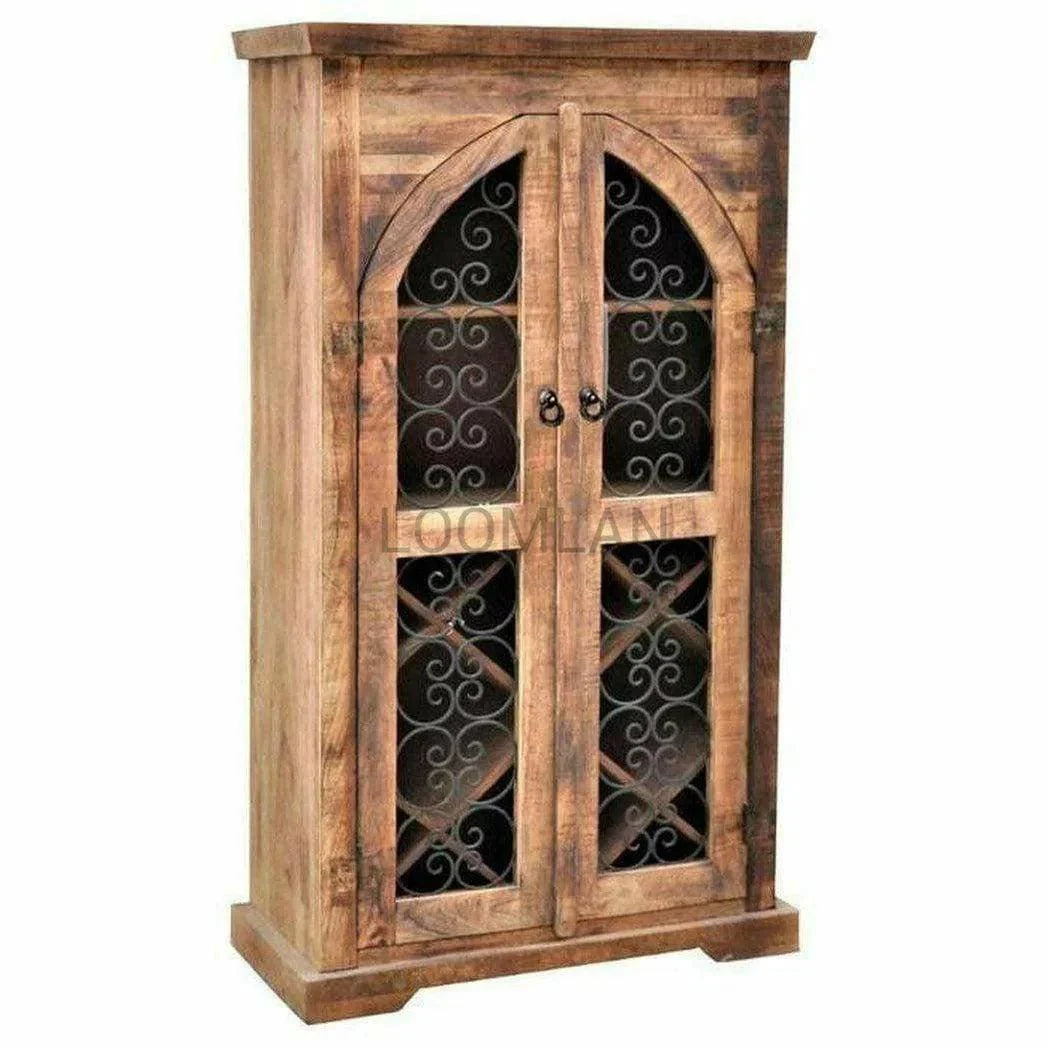 67" Rustic Wood Iron Filigree Door Wine Cabinet Bar Home Bar Cabinets LOOMLAN By LOOMLAN