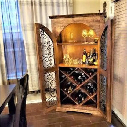 67" Rustic Wood Iron Filigree Door Wine Cabinet Bar Home Bar Cabinets LOOMLAN By LOOMLAN