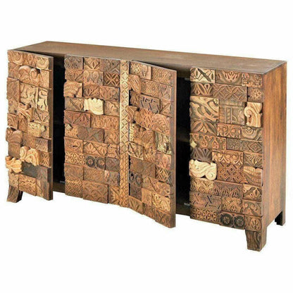 70" Farmhouse Hand Carved Stacked Wood Blocks 4 Door Sideboard Sideboards LOOMLAN By LOOMLAN