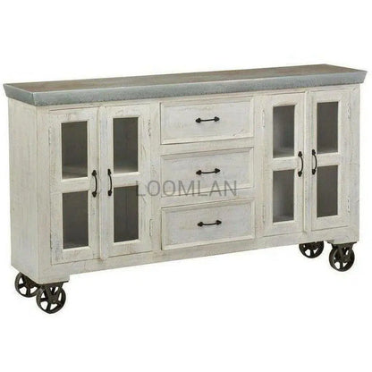 72" Distressed White 3 Drawer Galvanized Top Wheeled Sideboard Sideboards LOOMLAN By LOOMLAN