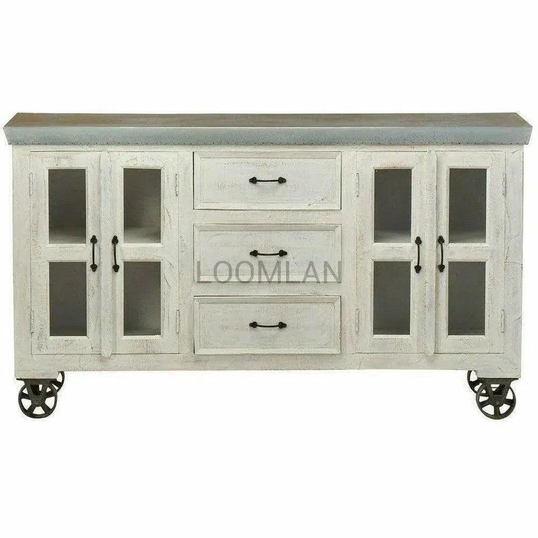 72" Distressed White 3 Drawer Galvanized Top Wheeled Sideboard Sideboards LOOMLAN By LOOMLAN